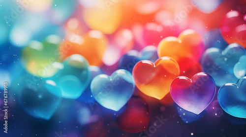  rainbow colored hearts on a rainbow background. concept of valentine's day, lgbt, pride month. copy space. flat lay. top view.