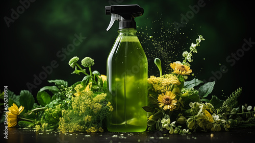 spray bottle and fresh herbs and flowers on a dark green background. concept of natural eco cleaning product. copy space