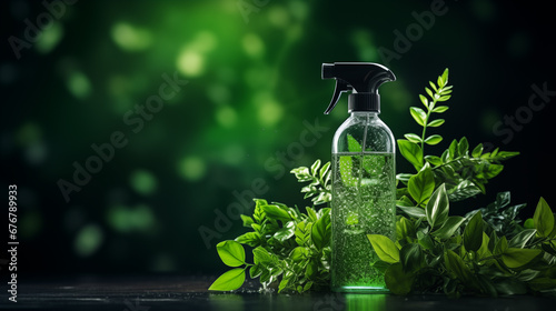 spray bottle and fresh herbs and flowers on a dark green background. concept of natural eco cleaning product. copy space