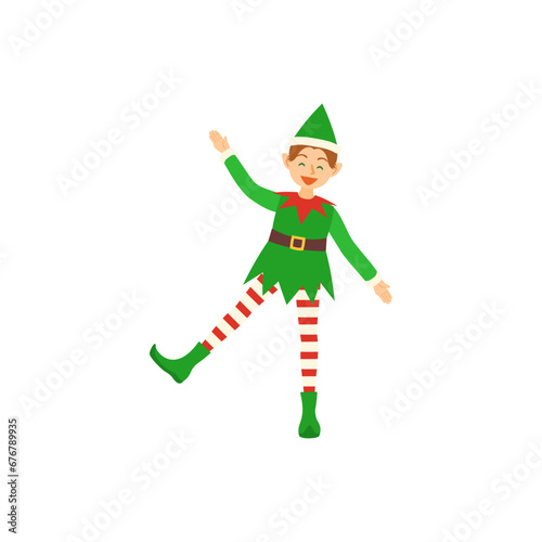 楽しげな緑色の服のクリスマスエルフ。フラットなベクターイラスト。 Christmas elf dressed in green looks like fun. Flat designed vector illustration.
