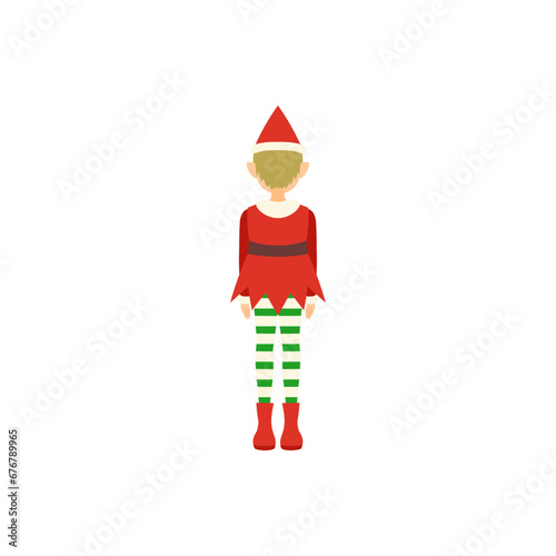 クリスマスエルフ（赤色の服）の後ろ姿。フラットなベクターイラスト。 The back view of a Christmas elf dressed in red. Flat designed vector illustration.