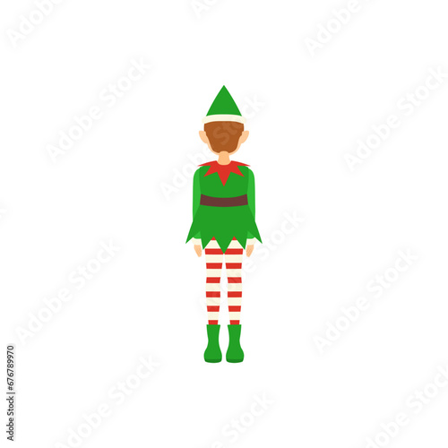 クリスマスエルフ（緑色の服）の後ろ姿。フラットなベクターイラスト。 The back view of a Christmas elf dressed in red. Flat designed vector illustration.