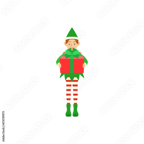プレゼントを渡すクリスマスエルフ（緑色の服）。フラットなベクターイラスト。 Christmas elf dressed in green gives a present. Flat designed vector illustration.