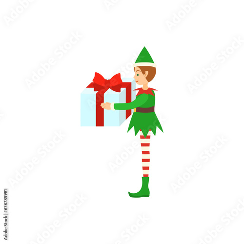 プレゼントを渡すクリスマスエルフ（緑色の服）。フラットなベクターイラスト。 Christmas elf dressed in green gives a present. Flat designed vector illustration.