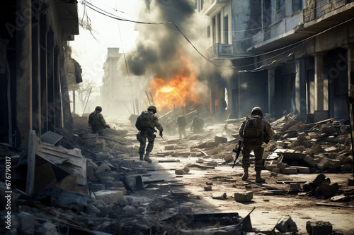 Wallpaper Mural military soldiers in a destroyed city, fighting, conflict, ground operation Torontodigital.ca