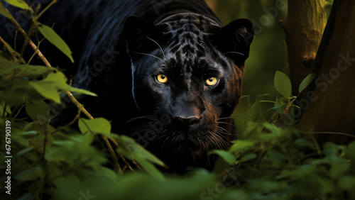 A black leopard looking for food in a dense forest