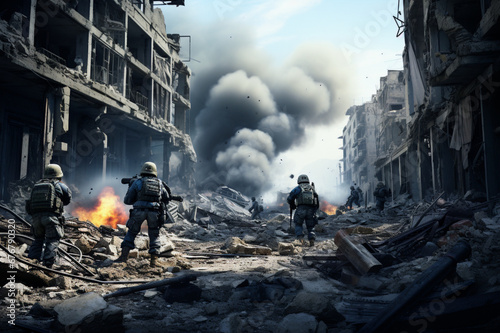 military soldiers on the battlefield during fighting among destroyed buildings