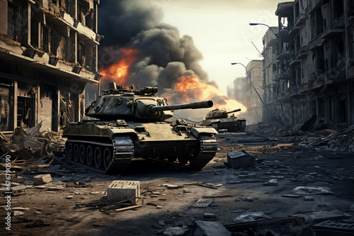 military tanks in a destroyed city, armed conflict, attack, fighting