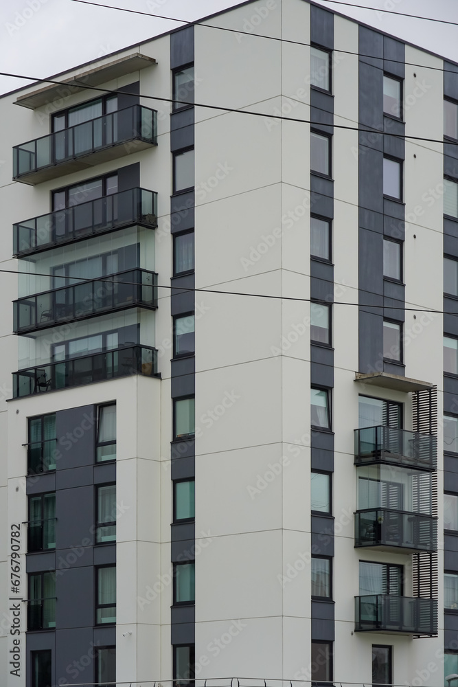 Close up of Apartment building in Lasnamae district. Estonia, Europe. October 2023 Close up of Apartment building in Lasnamae district. Estonia, Europe. October 2023