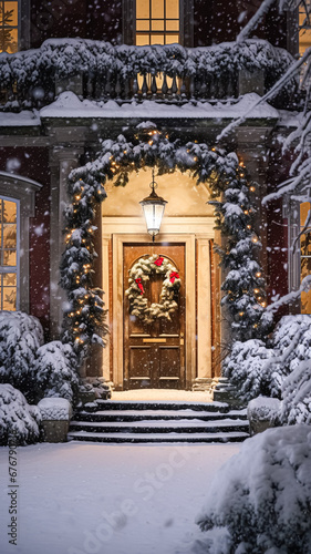 Christmas in the countryside manor  English country house mansion decorated for holidays on a snowy winter evening with snow and holiday lights  Merry Christmas and Happy Holidays