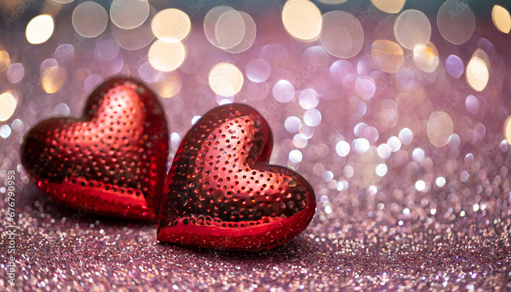 Naklejka premium Couple of red metal hearts an a light pink glitter
