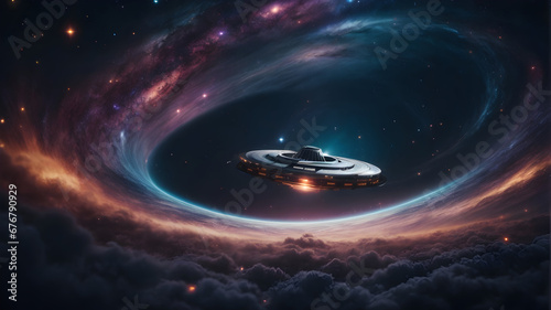 Spacecraft Traveling Through Wormhole - Sci-Fi Fantasy  Futuristic Exploration  Interstellar Journey  Hyperspace Adventure  Galactic Warp  Cosmic Portal  AI-Generated Art
