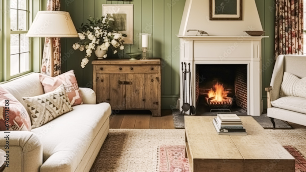 Fototapeta premium Antique cottage sitting room, green wall living room interior design and country house home decor, sofa, fireplace and lounge furniture, English countryside style