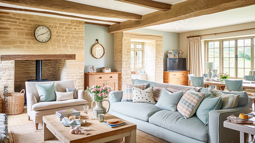 Modern cottage sitting room, living room interior design and country house home decor, sofa and lounge furniture, English Cotswolds countryside style photo