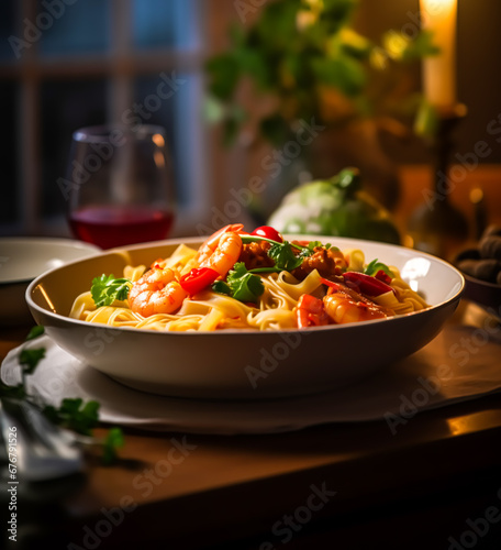 Pasta with shrimps  and vegetables  organic food  meal for lunch or dinner  tasty recipe  generative ai