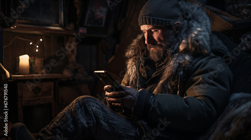 Candid photo of an elderly man dressed in warm clothes and a fur hat with horror and indignation at the electricity bills on his smartphone