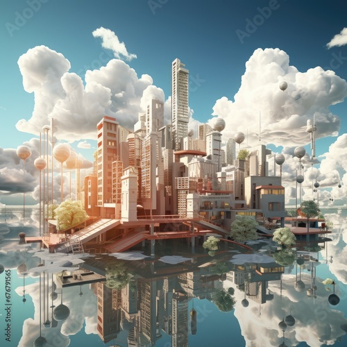 The illustration of the city floating in the clouds is colorful and vivid