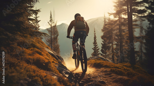 Male mountain biker cyclist riding a bicycle on a mountain bike trail nature outdoors photo