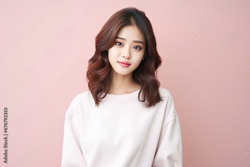 portrait of attractive Korean girl in sweater, showing promotional offer, single color background, generative ai portrait of attractive Korean girl in sweater, showing promotional offer, single color background, generative ai