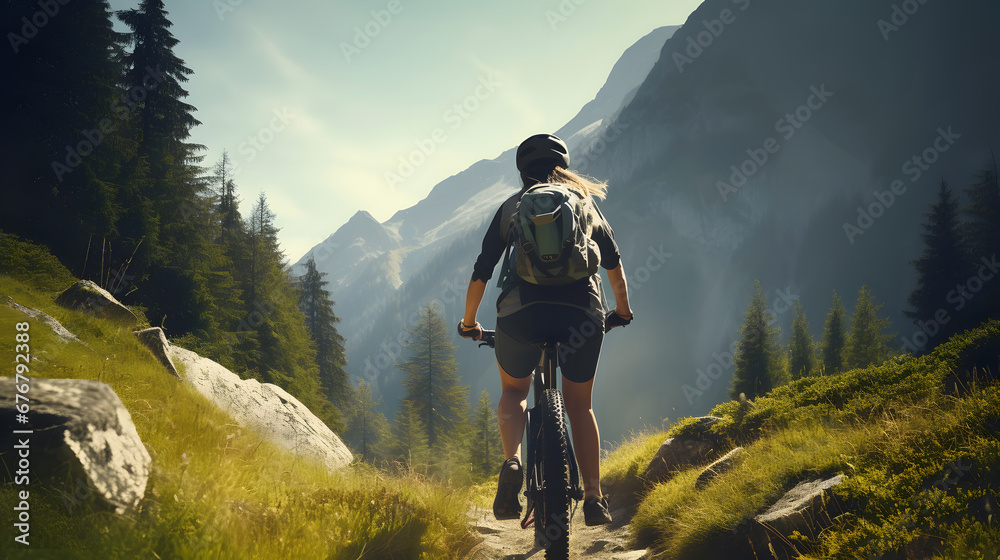 Female mountain biker cyclist riding a bicycle on a mountain bike trail nature outdoors
