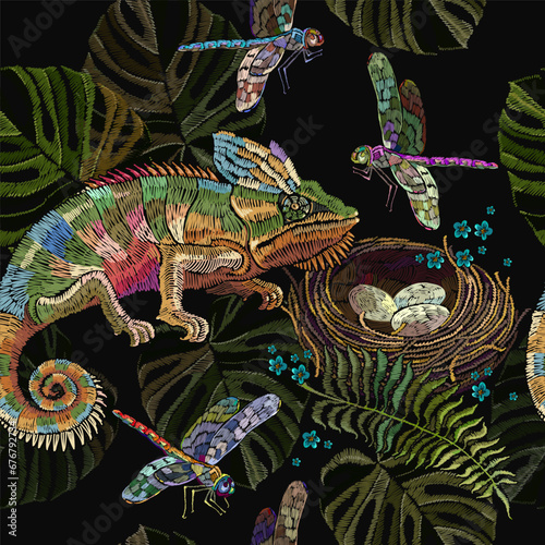 Chameleon lizard, colorful dragonflies, fern and bird nest. Seamless pattern. Embroidery. Jungle forest template for design of clothes
