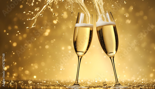 Two glasses of champagne toasting Shining golden background