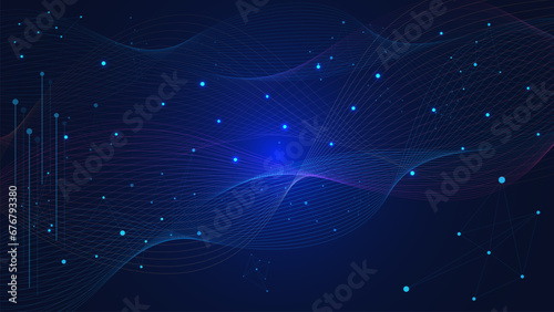 Abstract glowing particles with molecular structure and wave flow. Network connection, chemistry, communication, science and technology background.