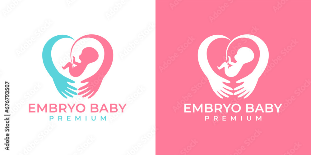 Embryo baby vector logo with hands and heart symbol. Fetus Baby logo. Pregnant logo design template. Logo design template of baby, heart, embryo, mommy, mom, love, pregnant. Embryo baby vector logo with hands and heart symbol. Fetus Baby logo. Pregnant logo design template. Logo design template of baby, heart, embryo, mommy, mom, love, pregnant.