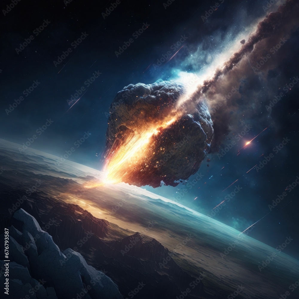 An AI illustration of an asteroid in space with bright lights coming out from behind it An AI illustration of an asteroid in space with bright lights coming out from behind it