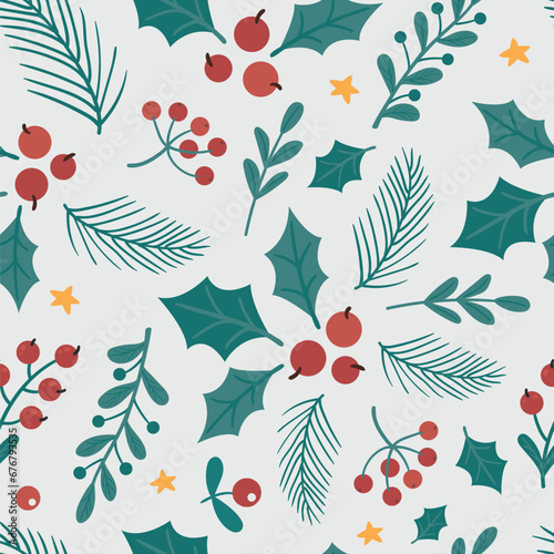 Christmas seamless pattern with berries and leaves.
