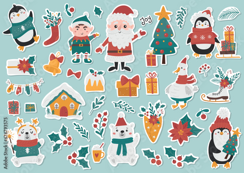 Vector set of cute Christmas labels with penguins, bears, elf, santa claus and others.