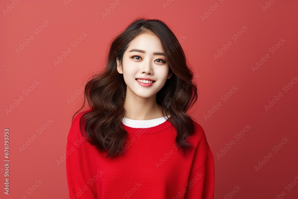 portrait of attractive Korean girl in sweater, showing promotional offer, single color background, generative ai portrait of attractive Korean girl in sweater, showing promotional offer, single color background, generative ai