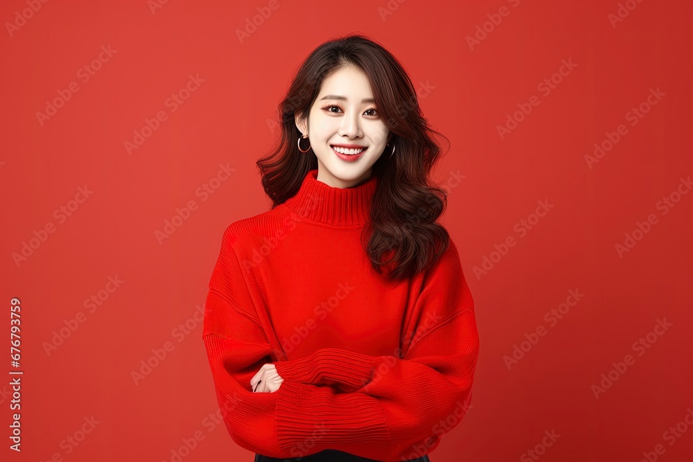 portrait of attractive Korean girl in sweater, showing promotional offer, single color background, generative ai portrait of attractive Korean girl in sweater, showing promotional offer, single color background, generative ai