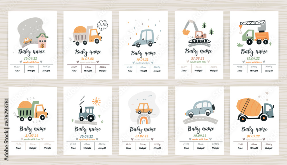 Set of baby shower invitation templates with cars. - obrazy, fototapety, plakaty 
