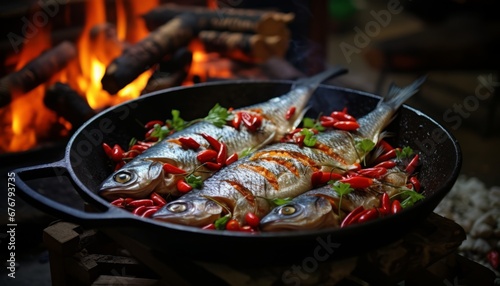Sizzling pan roasted fish fillet with rich flavors, creating a mouthwatering culinary delight