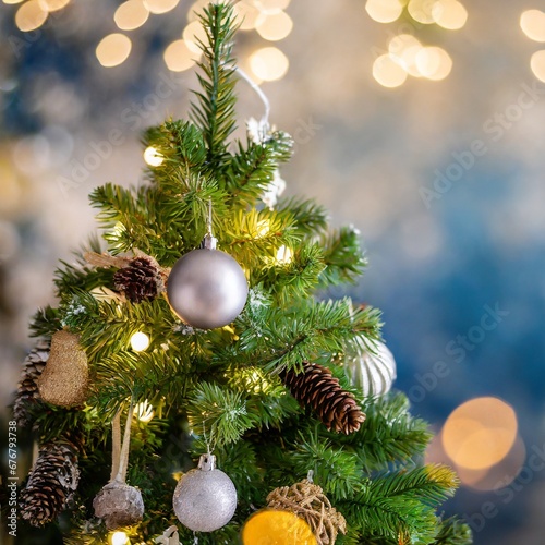 Christmas tree blur background, Decorated Christmas tree on blurred background, Christmas Tree with Decorations
