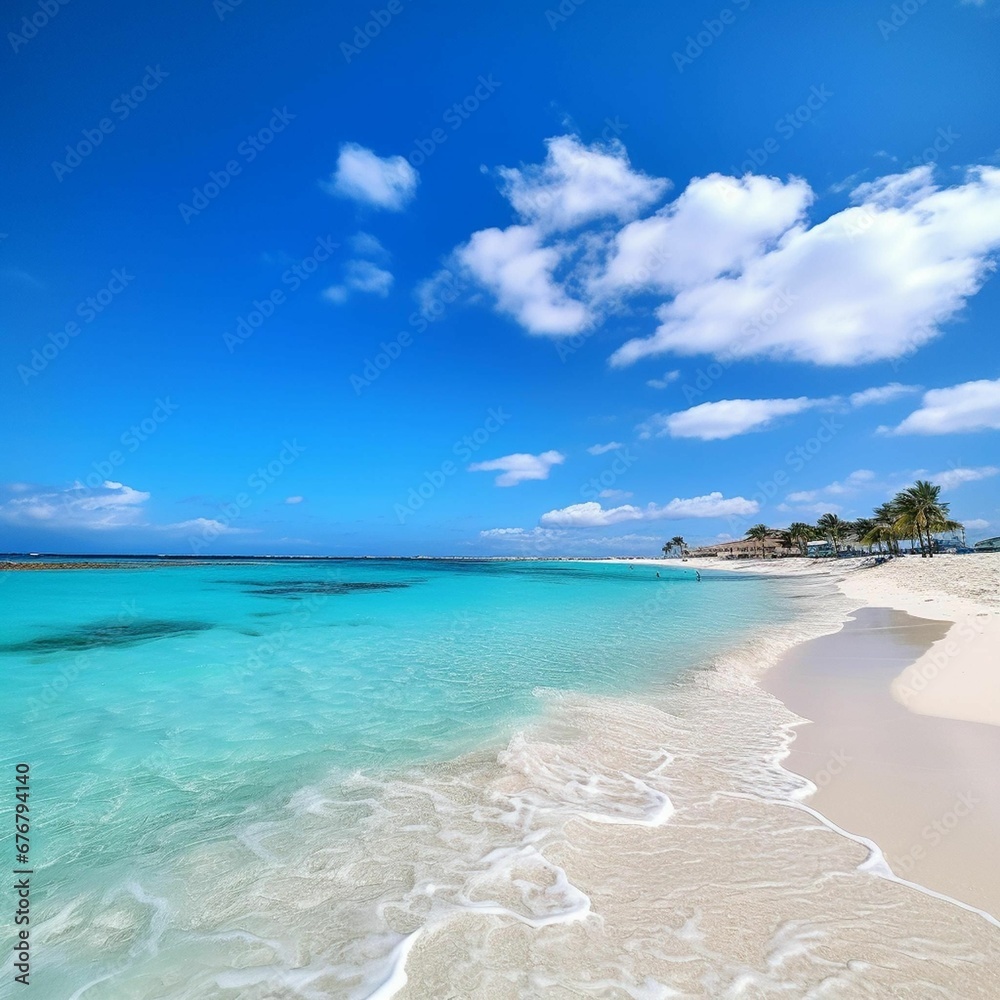 AI generated illustration of a tropical beach with a bright blue ocean and white sandy shore