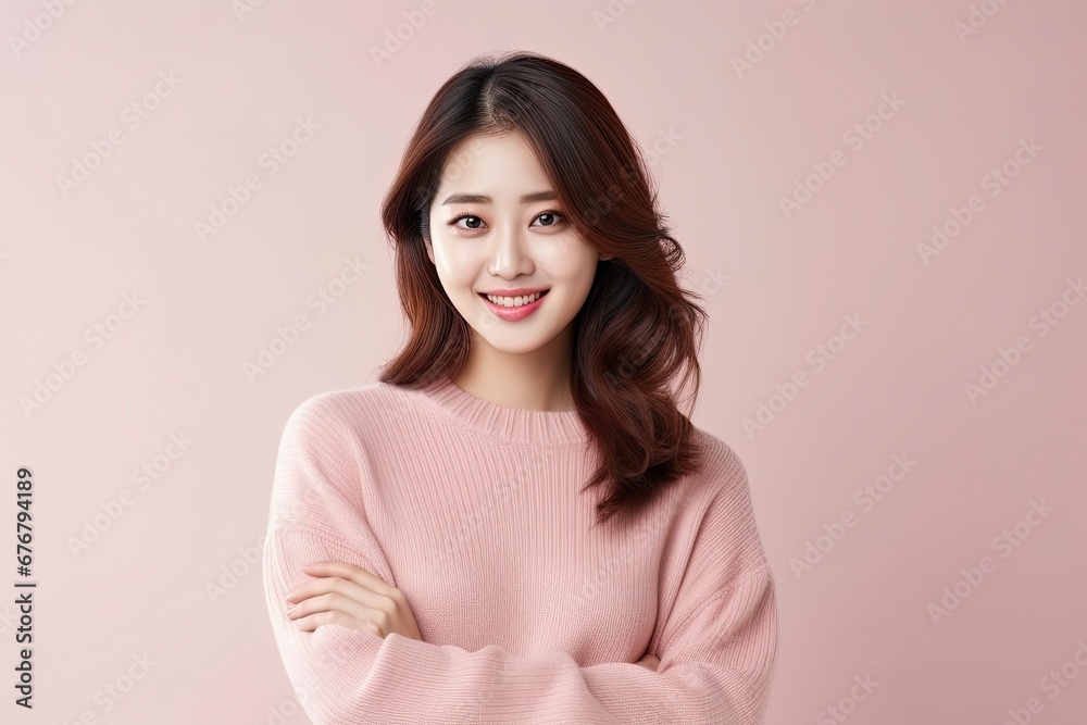 portrait of attractive Korean girl in sweater, showing promotional offer, single color background, generative ai portrait of attractive Korean girl in sweater, showing promotional offer, single color background, generative ai