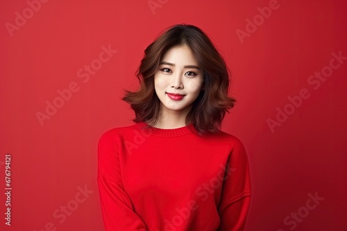 portrait of attractive Korean girl in sweater, showing promotional offer, single color background, generative ai