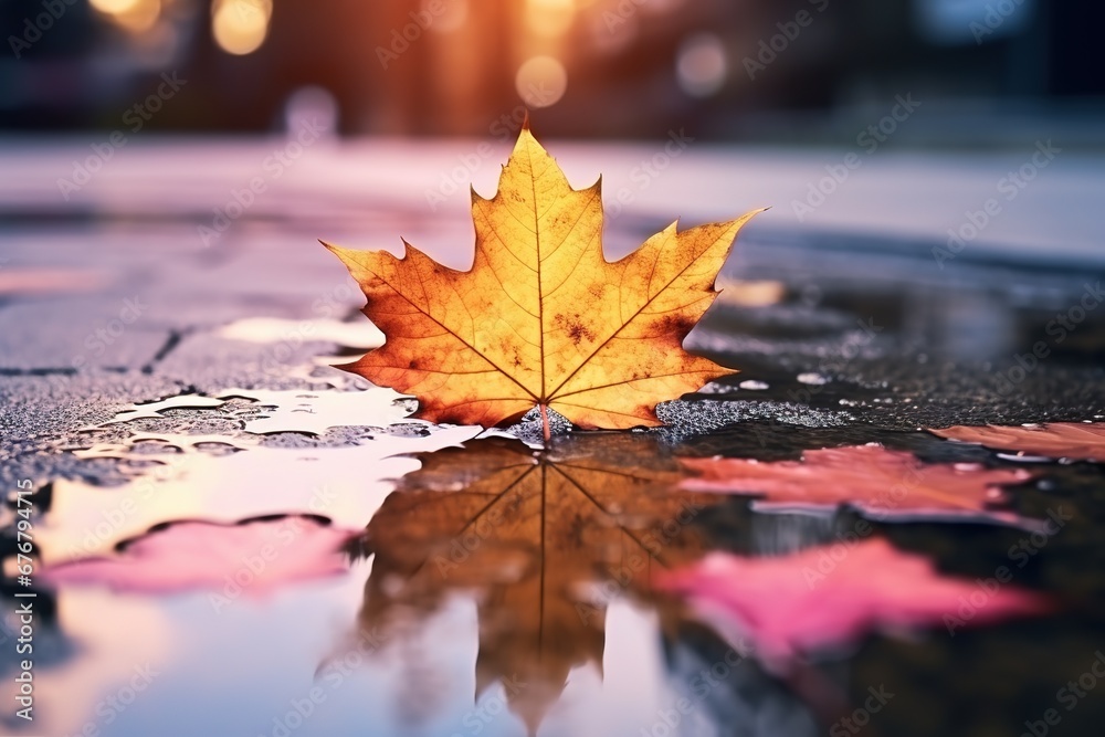 Beautiful autumn leaves lie on the road, asphalt in a puddle with raindrops. Red, orange maple leaves on a city street. Beautiful autumn leaves lie on the road, asphalt in a puddle with raindrops. Red, orange maple leaves on a city street.