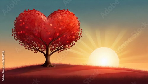  Red heart shaped tree at sunset