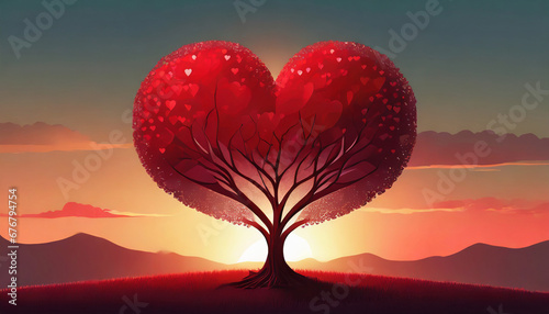  Red heart shaped tree at sunset