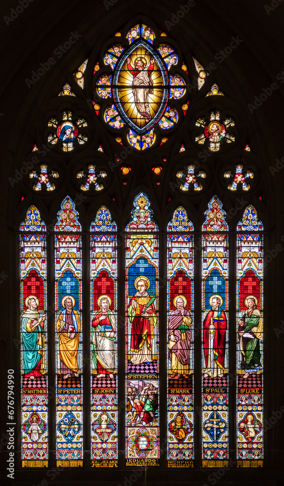 Stained glass windows in Cathedral of St Stephen in Brisbane, Australia.