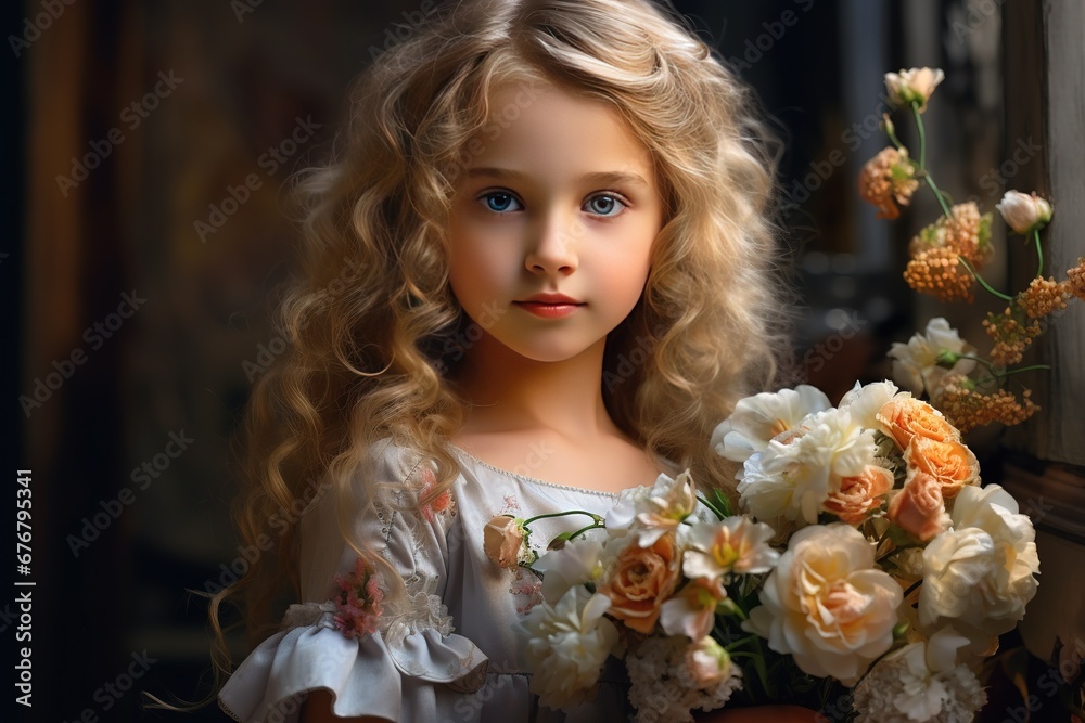 A seven year old girl in a simple light dress with a bouquet of beautiful flowers in the interior of a village house.