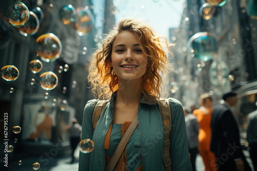 A beautiful girl student walks along a city street surrounded by flying soap bubbles. Surreal portrait of a dreamy young woman.