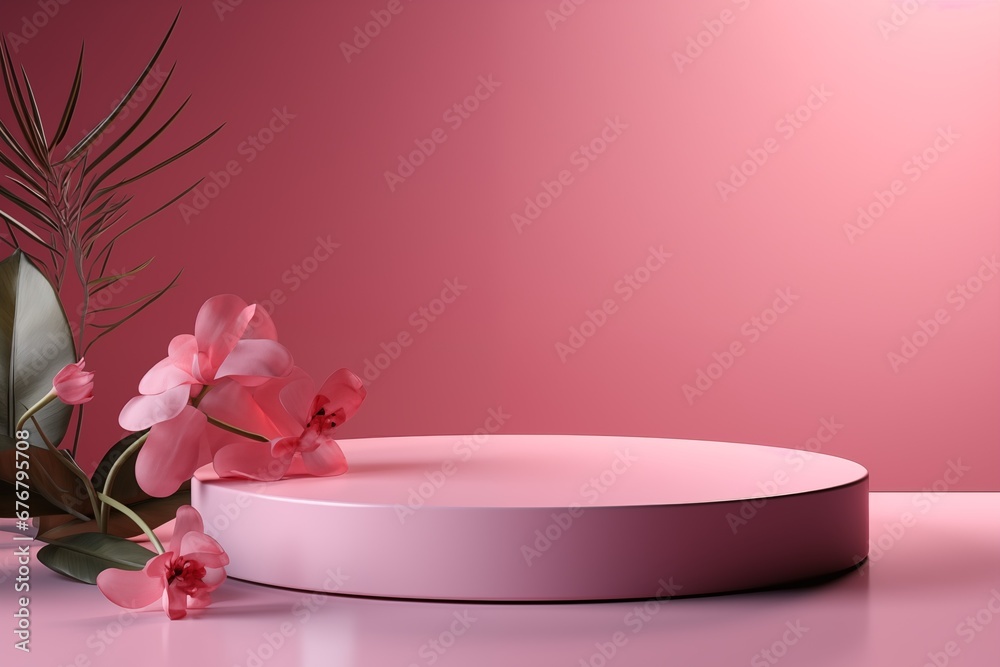 Empty marble round podium on pink background surrounded by flowers. Pedestal for the presentation of cosmetic products, perfume or drinks