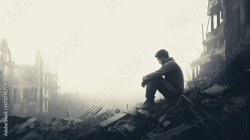 A drooping crying man sitting front city ruined