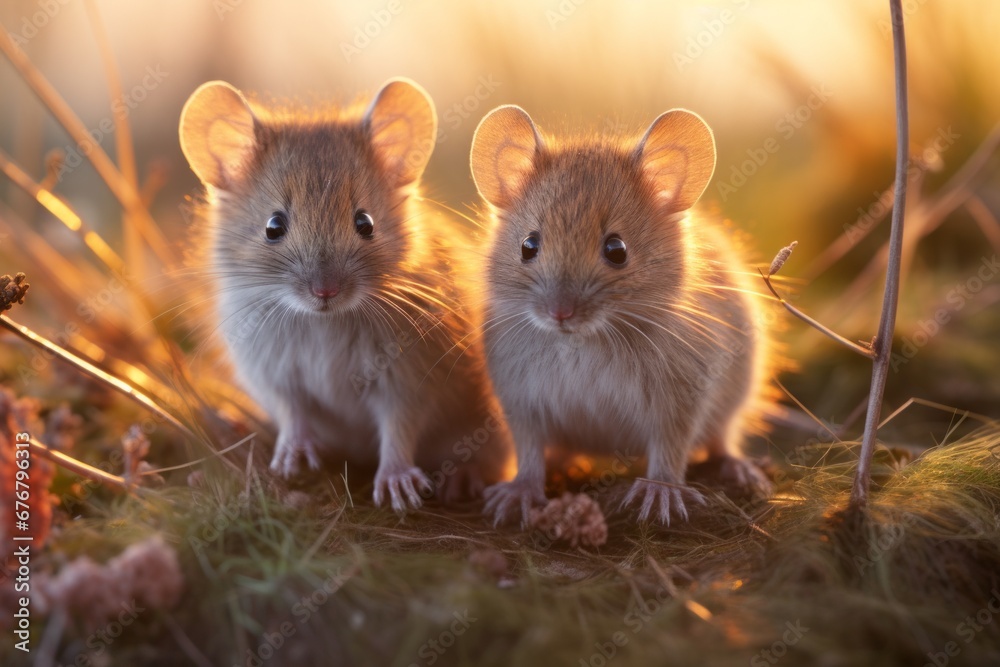 Whimsical scene of two tiny and endearing mice joyfully exploring a vast and golden wheat field Whimsical scene of two tiny and endearing mice joyfully exploring a vast and golden wheat field