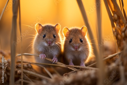 Curious and adorable duo of small mice joyfully exploring a vast and picturesque wheat field © Ilja