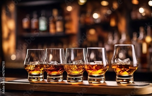 Flight of whiskey for tasting on a bar counter with a blurred background created with generative ai